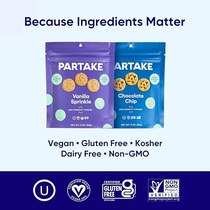 Partake Gluten Free Crunchy Chocolate Chip & Vanilla Sprinkle Cookies Variety Pack - Vegan - Free From the Top 9 Allergens Including Dairy, Wheat, Soy, Eggs, & Peanuts - Non GMO - Safe School & Office Snack (4 Pack, 4oz Resealable Bags)