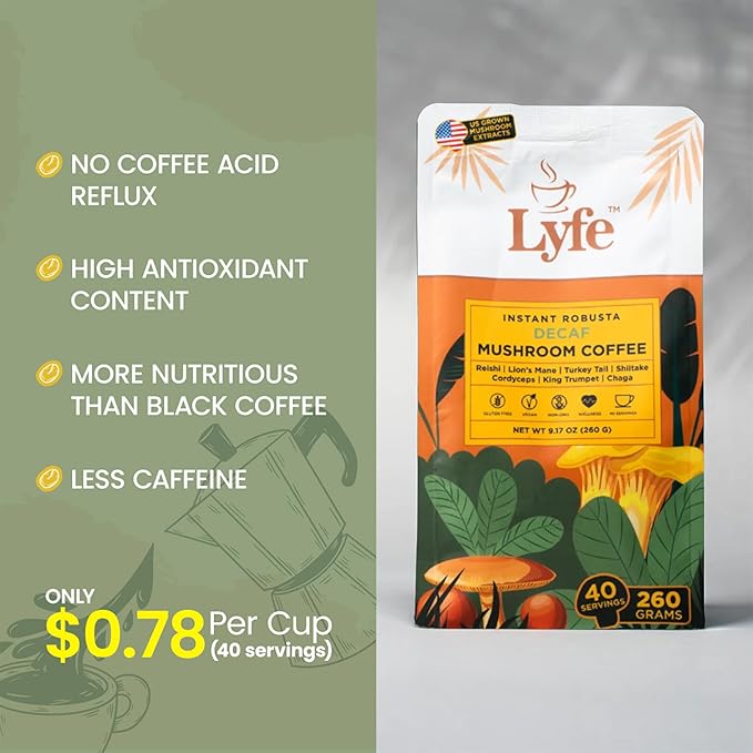 LYFE Organic Instant Decaf Mushroom Coffee – Lion’s Mane, Chaga, Cordyceps, Turkey Tail | USA Grown Adaptogenic Mushrooms for Better Energy, Focus, Gut Health, Immunity – 40 Servings