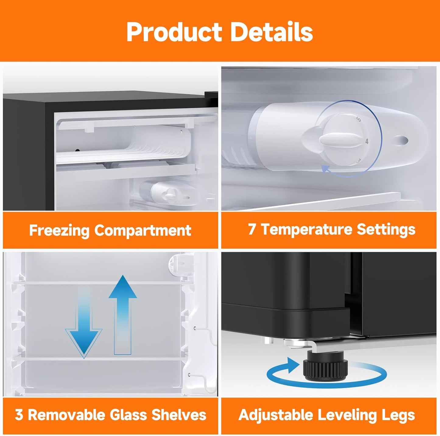 4.3 Cu.Ft Mini Fridge with Freezer, Single Door Refrigerator With 7 Settings Temperature Adjustable and 3 Removeble Shelves, Low Noise, Dorm Fridge, Mini Refrigerator for Bedroom, Office, Dorm