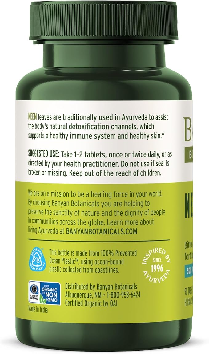 Banyan Botanicals Neem Tablets – Organic Neem Leaf (Azadirachta Indica) – Supports Natural Detoxification, Healthy Skin, and Immune Health* – 90 Tablets – Non-GMO Sustainably Sourced Vegan