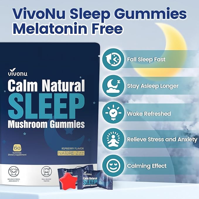 Sleep Gummies for Adultswith L-Theanine, Magnesium, Reishi Mushroom,Valerian Root, Passionflower | Non-Habit Forming Sleep Aid | Non-GMO Sleep Gummies Melatonin Free | Raspberry Flavor (60pcs)