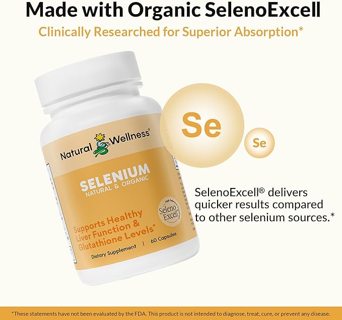 Natural Wellness Organic Selenium 200 mcg – SelenoExcell for Antioxidant, Thyroid, and Metabolism Support – 60 Capsules, 60-Day Supply