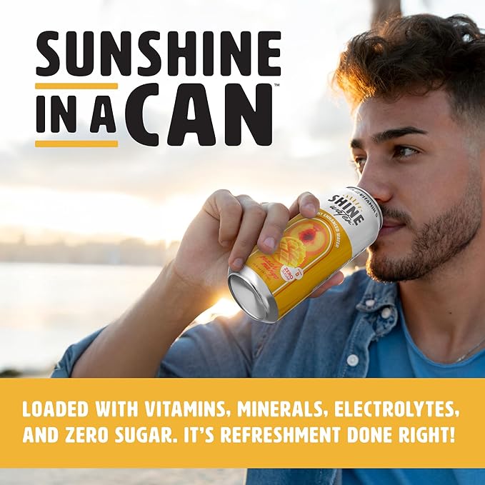 ShineWater Vitamin D Hydration Electrolyte Drink - Flavored water with electrolytes, Sugar-Free, Magnesium, Zinc, Vitamin B12, Plant-Based, Low Calorie - Peach Mango Fruit Water 12 Pack