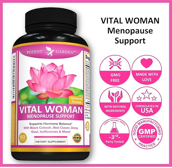 Potent Garden Menopause Relief Supplement with Black Cohosh, Soy Isoflavones, and Don Quai, Hot Flash Relief & Night Sweats Relief for Women, Non-GMO, 60 Capsules, 30 Servings