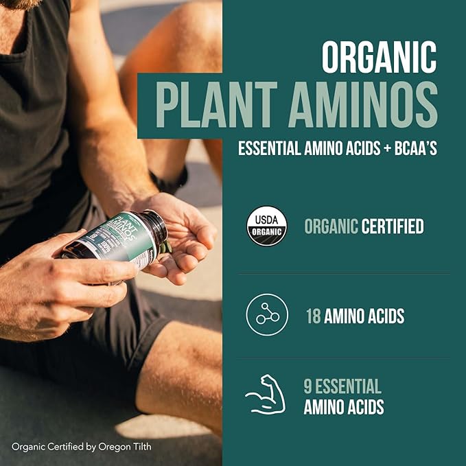 Plant Aminos Organic Essential Amino Acids (EAAs) & BCAA - 100% Plant-Based Raw, Vegan - All 9 Amino Acids with 18 Total Amino Acids (360 Tablets)