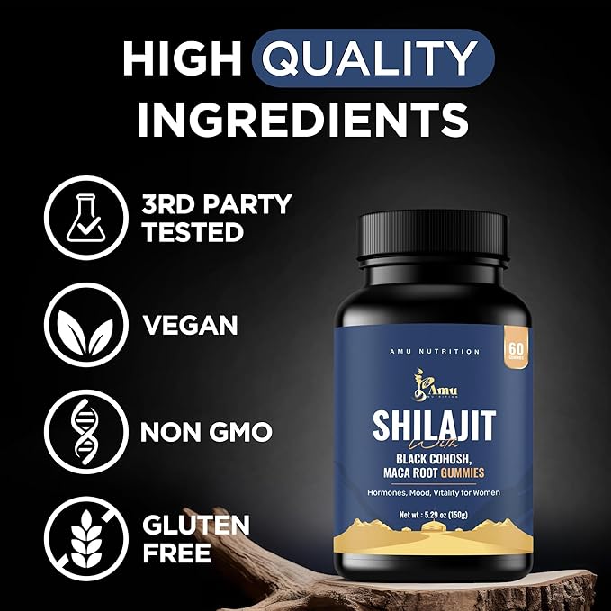 Shilajit Gummies for Men & Women with Maca Root & Black Cohosh (60 Count (Pack of 1), Maca Root & Black Cohosh)