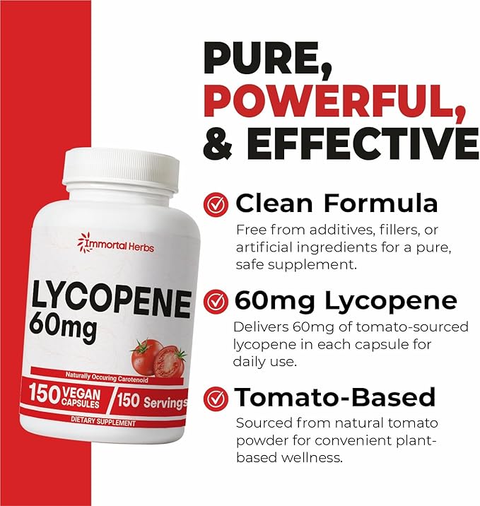 Lycopene Supplement for Men 60mg, 150 Capsules, Natural Tomato Extract Powder for Skin, Heart & Immune Support, 100% Veg Lycopene Complex, Non-GMO and Gluten Free Carotenoid Supplement