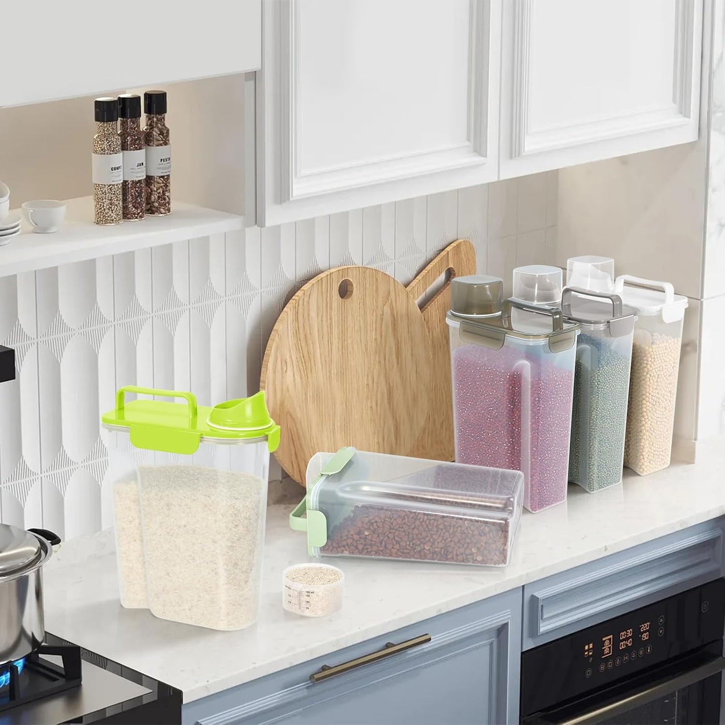 5 LBS/6Qt Pet Storage Container Portable with Upgraded Large Spout and Cup, Plastic Dog Cat Food Dispenser for Small Animal Kibble, Bird Seed, Oatmeal, Rice, Flour, Brown Sugart-2 Pack Sunshine Green