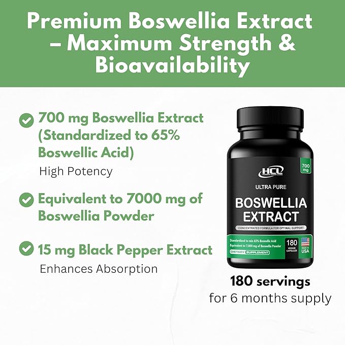 Boswellia Serrata Extract Capsules 65% Boswellic Acid 700mg Equal to 7000mg Resin Powder, Extra Strength & Superior Absorption, 6 Month Supply 180 Vegan Capsules Non-GMO
