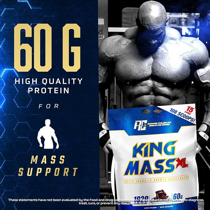 Ronnie Coleman Signature Series King Mass XL Mass Gainer Protein Powder, Muscle Gainer, 60g Protein, 180g Carbohydrates, 1,000+ Calories, Creatine and Glutamine, Dark Chocolate, 15 Pound