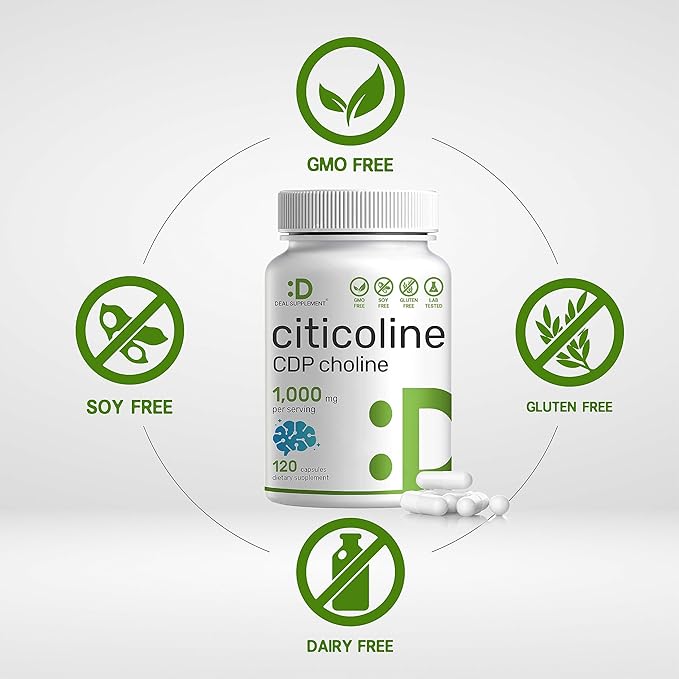 Citicoline CDP Choline, 1,000mg Per Serving, 120 Capsules – Extra Strength Choline Supplements – Nootropic B Vitamin Properties – Promotes Brain Health, Memory, & Focus – Non-GMO