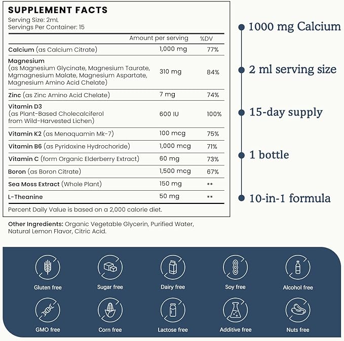 (1 Pack) Magnesium Calcium Zinc Supplement with Vitamin D3 K2 for Women, Magnesium Glycinate Vegan Liquid Drops for Adult Plus L-Theanine Boron Sea Moss Extract, Bone, Sleep & Leg Cramps, 1 Fl Oz