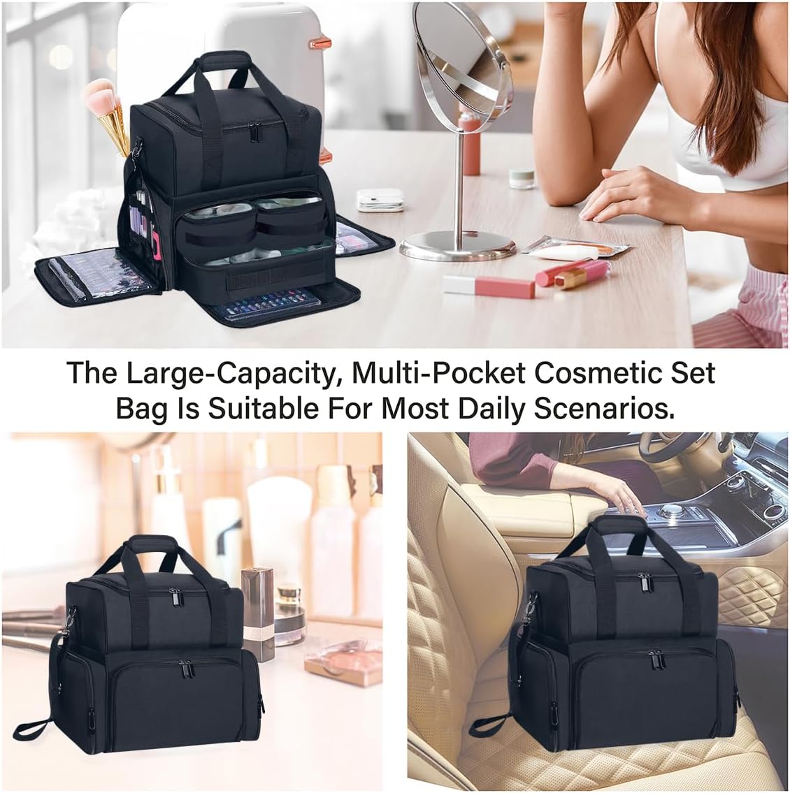 Large Makeup Cosmetic Bag with 3 Removable Case and 2 Removable Dividers Double Layer Travel Storage Organizer, Makeup Brushes Storage Section Black