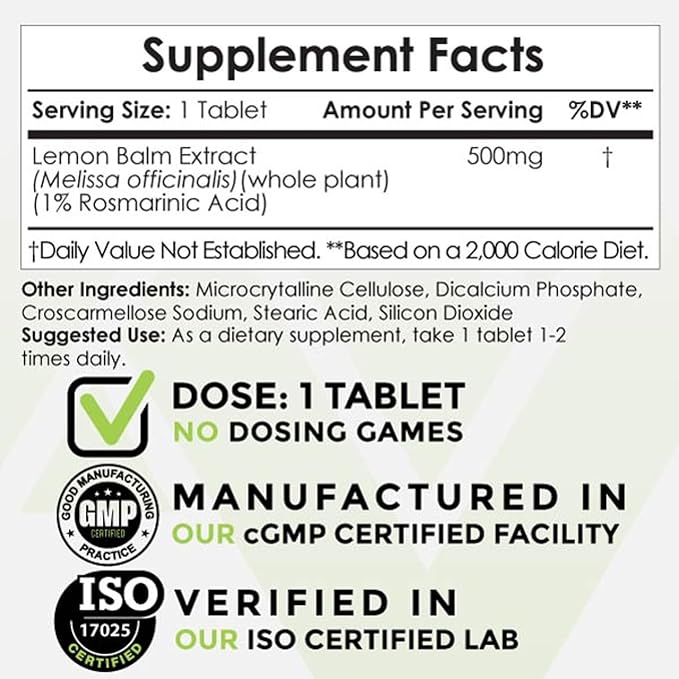 Nootropics Depot Lemon Balm Extract Tablets | 500mg | 120 Count | 10:1 Water Ethanol Extract
