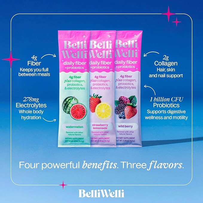 Daily Fiber Supplement Packets with Collagen, Probiotics & Electrolytes | Single Serve Packets for Gut Health, Digestion & Debloating | Variety | 10 Count