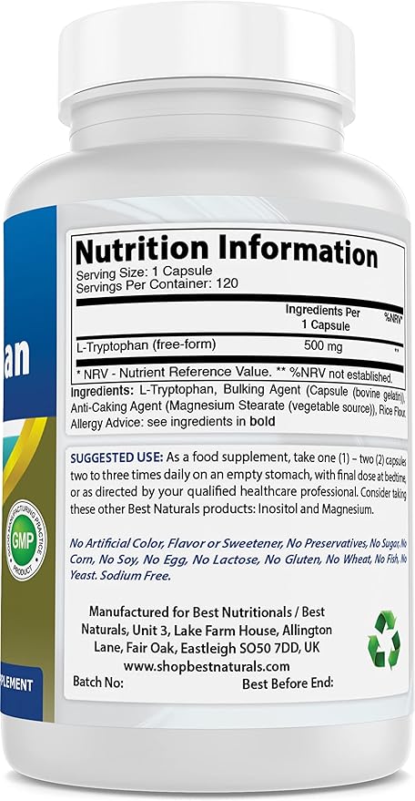 Best Naturals L-Tryptophan 500 mg 120 Capsules (120 Count (Pack of 3))