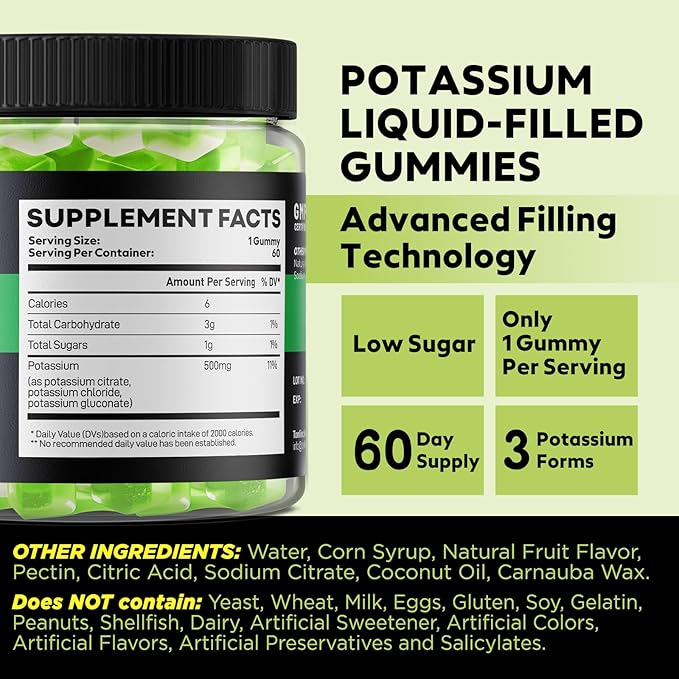 Potassium Supplement 500mg 3 in 1 Complex Gummies, Chewables with Potassium Citrate Chloride Gluconate, Extra Strength Blend, 60 Count