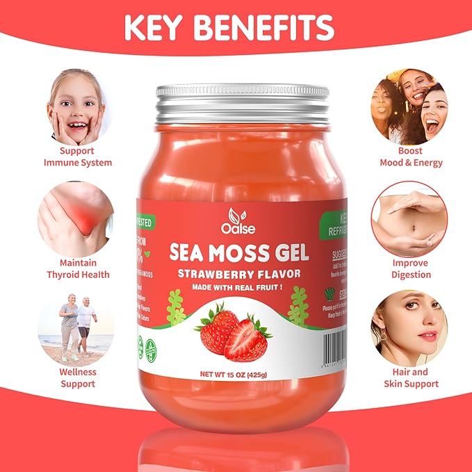 15 OZ Sea Moss Gel- Natural Wildcrafted Irish Seamoss Gel with 92 Minerals and Vitamins - Non-GMO, Gluten-Free, Vegan - Immune Defense Thyroid Digestive Support (Strawberry)