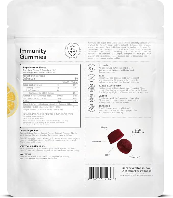 Barker Wellness Immunity Gummies | Vitamin C, Zinc, Elderberry, Turmeric & Ginger | Immune Support | Vegan, Sugar-Free | Lemon Lime Flavor | 60 Gummies