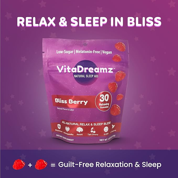 Magnesium Gummies Relax & Sleep | No Melatonin | Daytime Calm & Nighttime Sleep Aid | Ashwagandha, Reishi, Tart Cherry, 5-HTP, L-THeanine | 1g of Sugar, Vegan, Non GMO, Berry Flavored