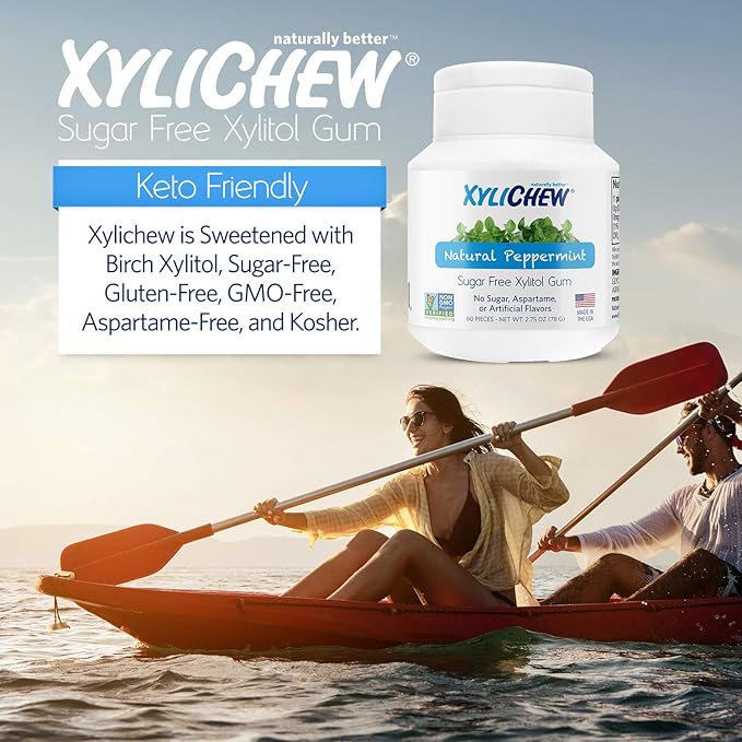 Xylichew 100% Xylitol Chewing Gum - Non GMO, Non Aspartame, Gluten Free, and Sugar Free Gum - Natural Oral Care, Relieves Bad Breath and Dry Mouth - Peppermint, 60 Count