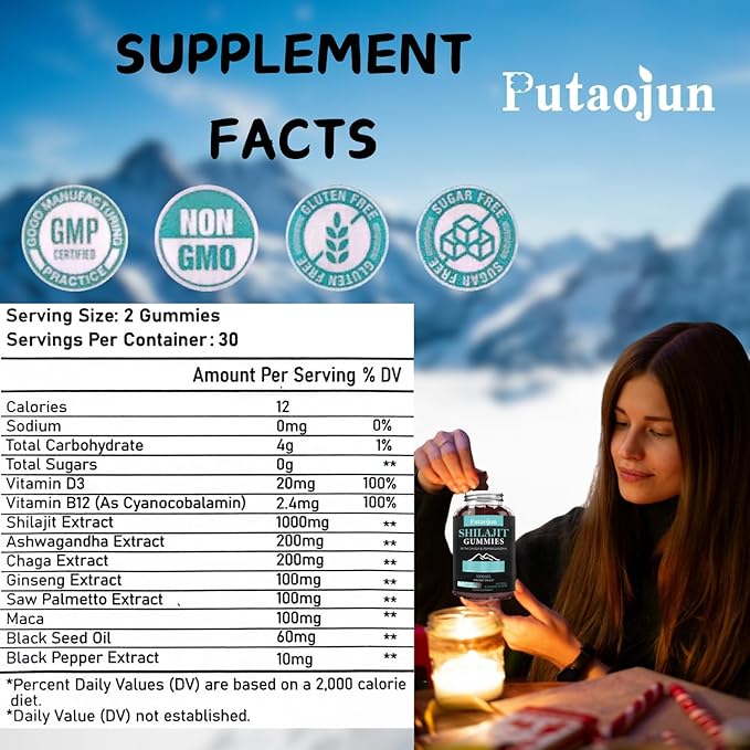Shilajit Gummies for Man & Woman. Himalayan Gold Shilajit Gummies. 3rd Party Tested.1000mg Pure Shilajit, 200mg Ashwagandha, 200mg Chaga,100mg Ginseng,100mg Saw Palmatto, 60mg Black Seed Oil