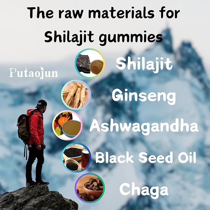 Shilajit Gummies for Man & Woman. Himalayan Gold Shilajit Gummies. 3rd Party Tested.1000mg Pure Shilajit, 200mg Ashwagandha, 200mg Chaga,100mg Ginseng,100mg Saw Palmatto, 60mg Black Seed Oil