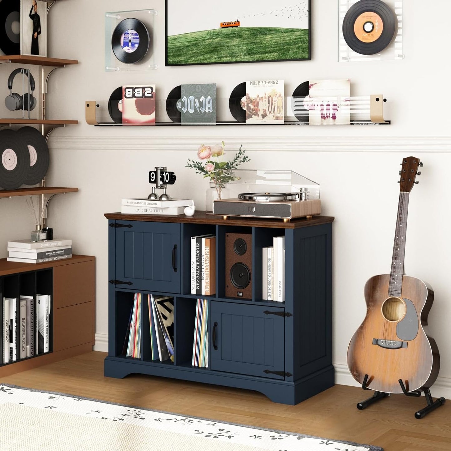 Large Record Player Stand with Vinyl Storage - 39.5" Turntable Stand Farmhouse Wood Storage Cabinet with Magnetic Doors, Stereo Media Shelf for Living Room, Office, Navy Blue