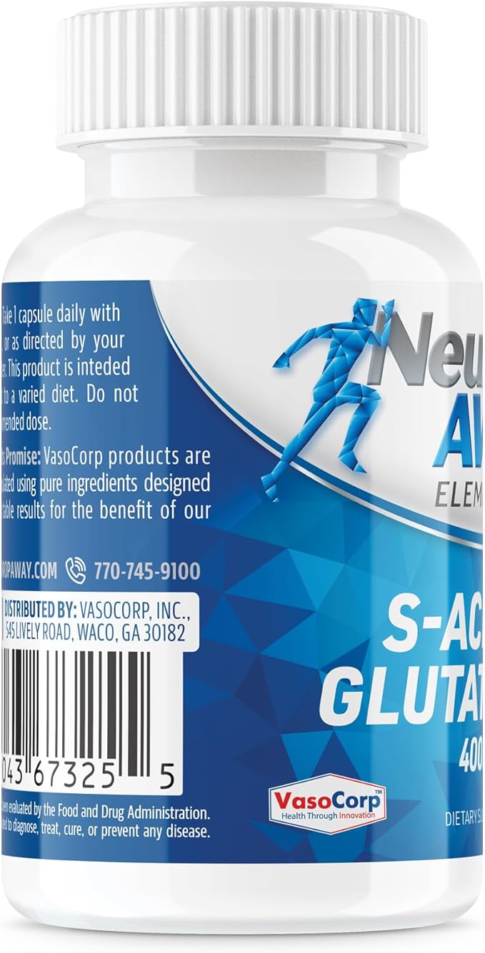 NeuropAWAY Elements S-Acetyl-Glutathione 400mg Acid Resistant Capsules 60ct (60 400mg Capsules Per Bottle) 3rd Party Tested Made in a cGMP Facility
