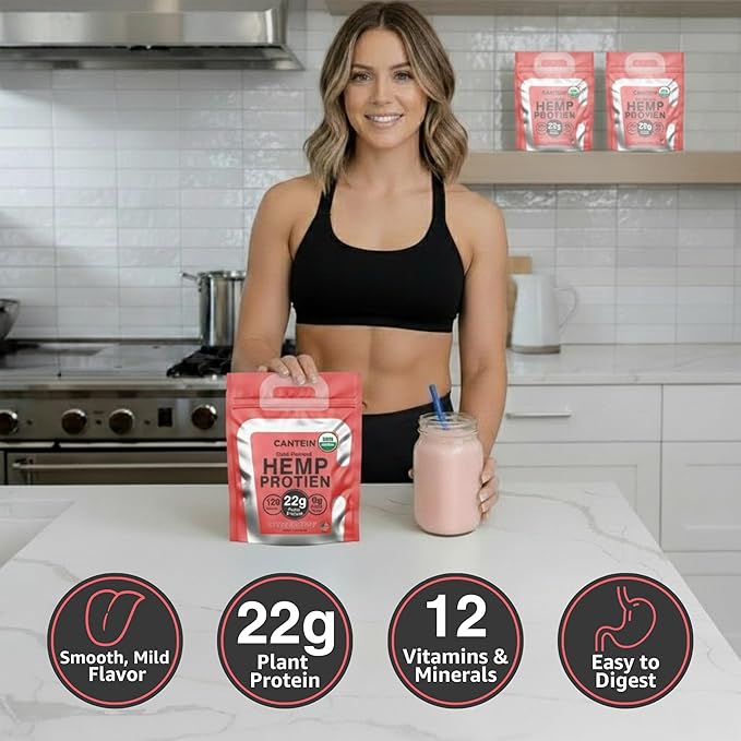 Organic Hemp Protein Powder, Plant Based and Vegan Protein Shake, Lactose and Dairy Free, Gluten Free, Clean and Natural- Strawberry (20 Servings)