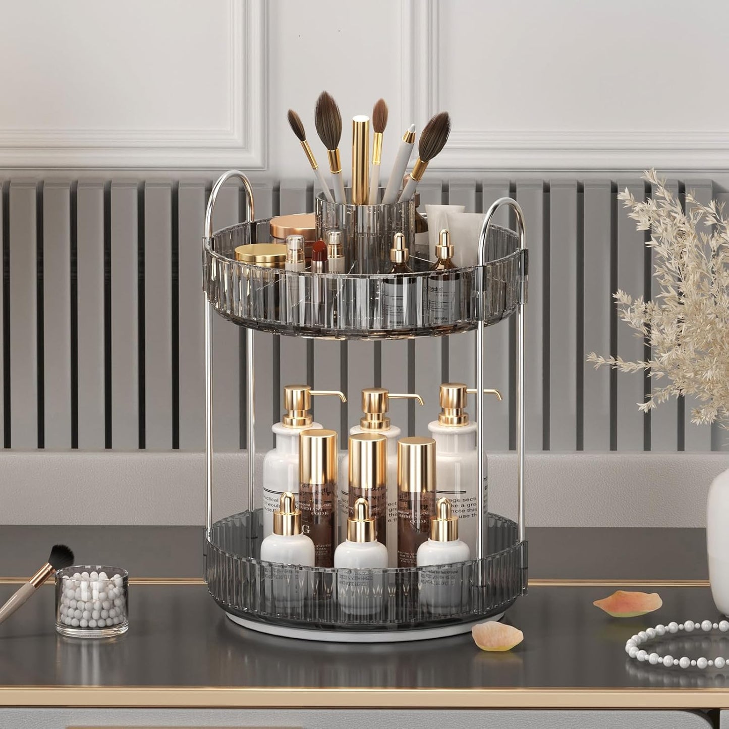 360° Rotating Makeup Organizer, Upgraded 2 Tier Skincare Perfume Organizers for Women, Bathroom Organizer Countertop, Clear Cosmetic Dresser Organizer with Makeup Brush Holder, Sink&Counter(Grey)