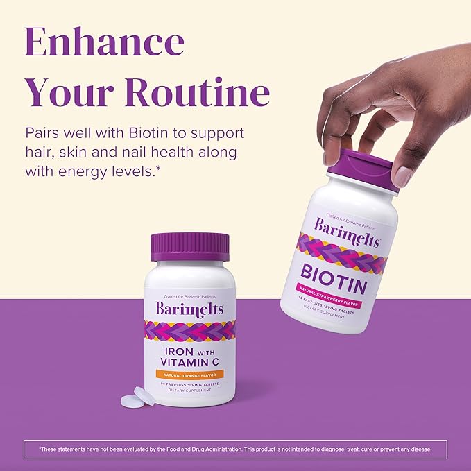 Barimelts Iron with Vitamin C, 90 Fast-Dissolving Tablets (1-Month Supply), Sugar-Free Bariatric Iron Supplement for Women, Natural Orange Flavor