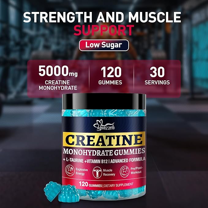 Creatine Monohydrate Gummies for Men & Women, Creatine Supplement, Chewables Creatine Gummy for Energy & Strength Support, Gluten-Free, Blueberry Flavor, 120 Count