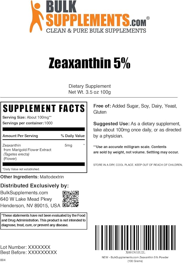 BulkSupplements.com Zeaxanthin Powder - Zeaxanthin Supplements, from Marigold Flower Extract - Gluten Free, 100mg (Zeaxanthin 5mg) per Serving, 100g (3.5 oz) (Pack of 1)