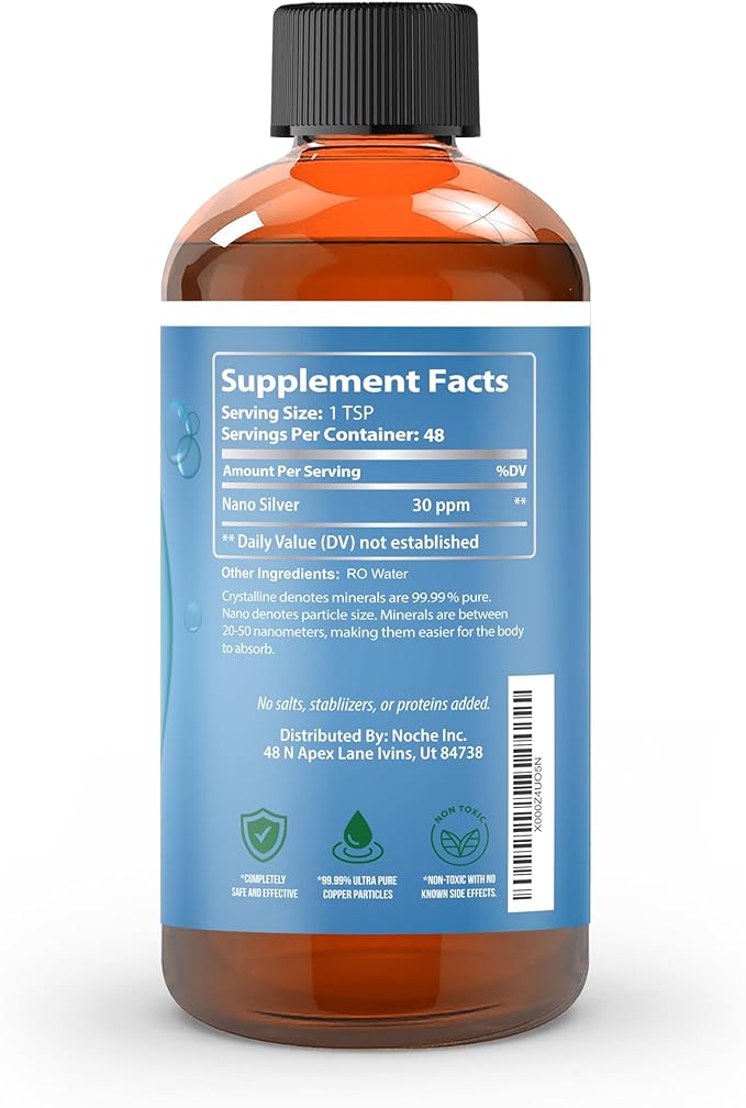 NutriNoche Colloidal Silver Liquid - Premium Silver for Immune Support - Organic Plata Coloidal para Tomar - 99.99% Ultra Pure Nano Particles for Optimal Absorption - 30 ppm 8 oz