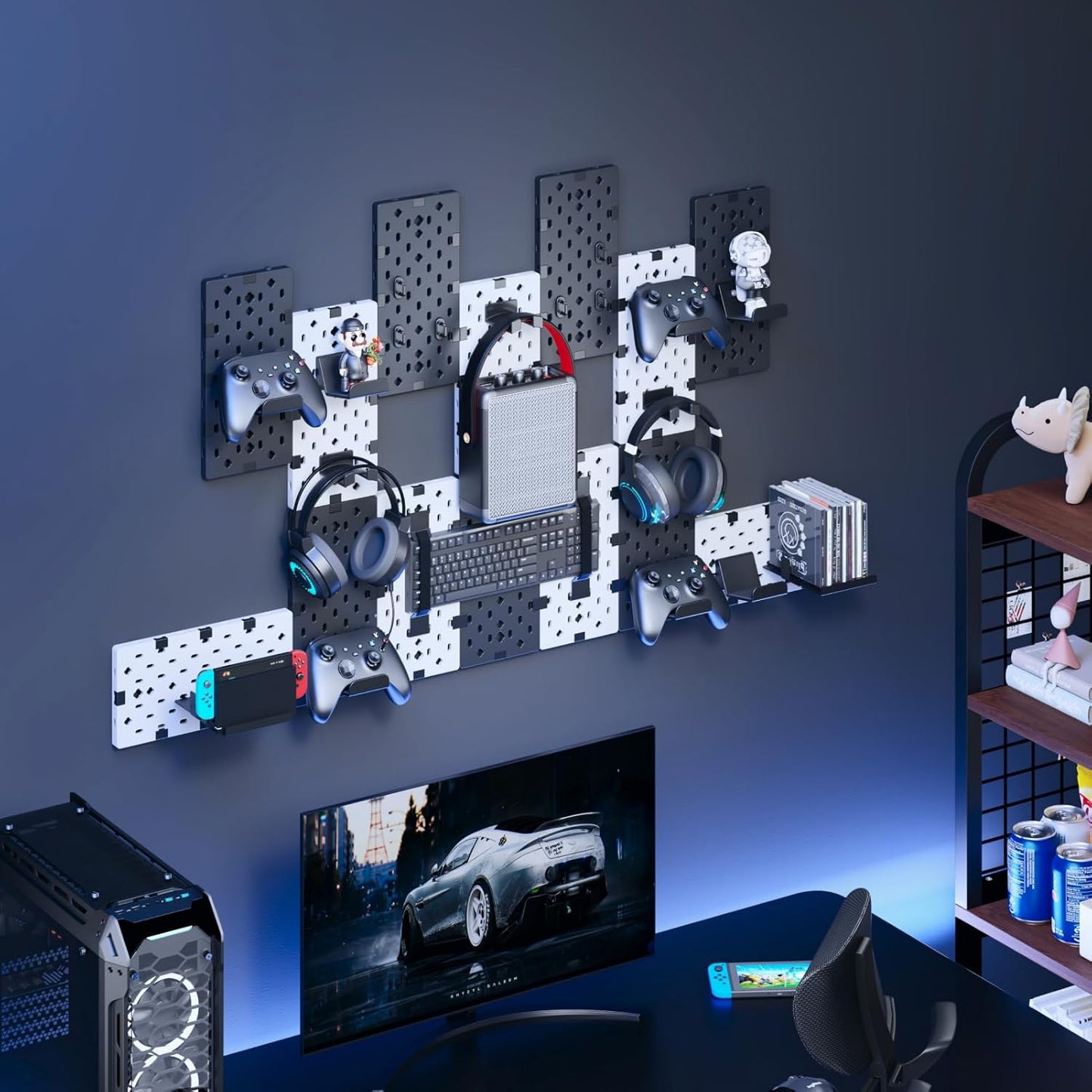PEGZONE Controller and Headphone Holder Wall Mount, Modular Gaming Pegboard with Accessories, Controller Stand for Xbox PS5 PS4 Switch, Video Game Storage, Disc Shelf, 14pcs Pegboard, Black & White