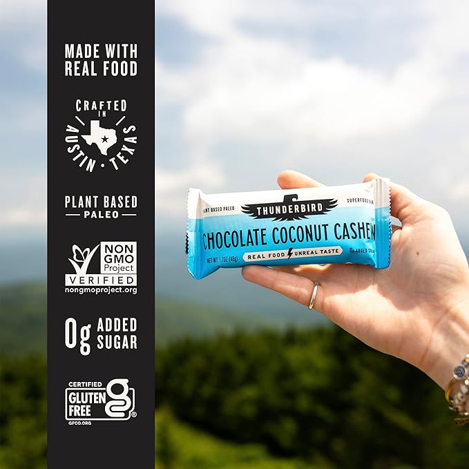 Thunderbird Bars Energy Snack, Gluten-Free with Protein, Healthy Real Food, Vegan Paleo Non-GMO, No Added Sugar, Chocolate Coconut Cashew Flavor (12 Count, 1.7 oz. Bars)