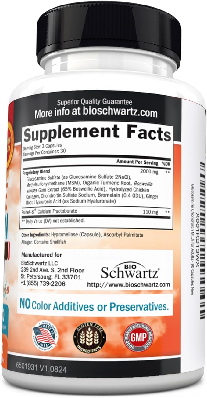 Glucosamine Chondroitin MSM Joint Support Supplement - Collagen Peptides, Turmeric and Ginger, Hyaluronic Acid, Glucosamine Chondroitin Sulfate for Joint Comfort - Gluten Free, Non GMO, 90 Capsules