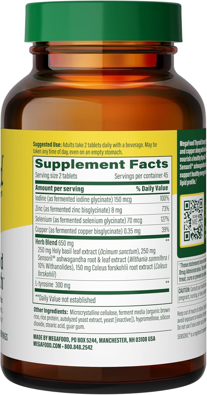 MegaFood Thyroid Strength - Mineral Supplement- Thyroid Support for Women with Ashwagandha, Zinc, Selenium, Copper, Iodine & L-Tyrosine - 90 Tabs (45 Servings)