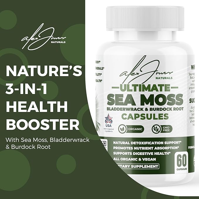 Ultimate Sea Moss Capsules Organic Non-GMO Irish Sea Moss Supplement w/Bladderwrack, Burdock Root & Black Pepper Extract - Thyroid, Immune Boost, Energy and Gut Health Support