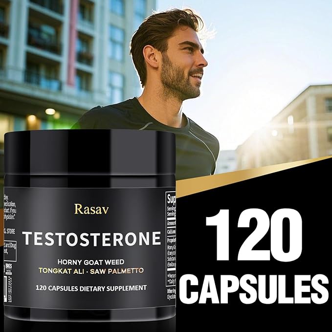 Rasav Horny Goat Weed and Tongkat Ali Supplement for Men, Testosterone Booster Supplement for Men, Male Enhancing Supplements, Supports Muscle Growth, Strength, Energy and Stamina, 120 Capsules