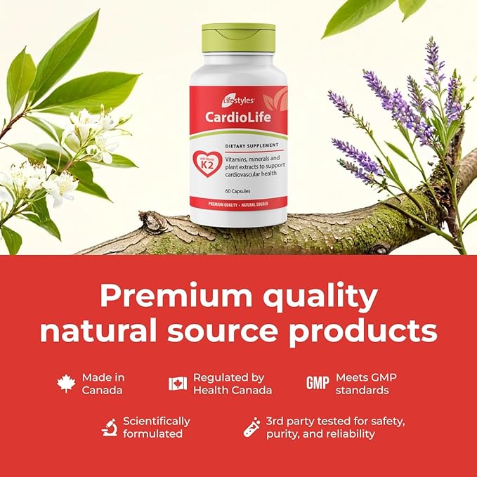 Lifestyles CardioLife Supplement - Herbal Heart Health Support with Vitamin K2 (MK7), Folic Acid, Beetroot, Cayenne Extract & More – Made in Canada – 60 Capsules (1)