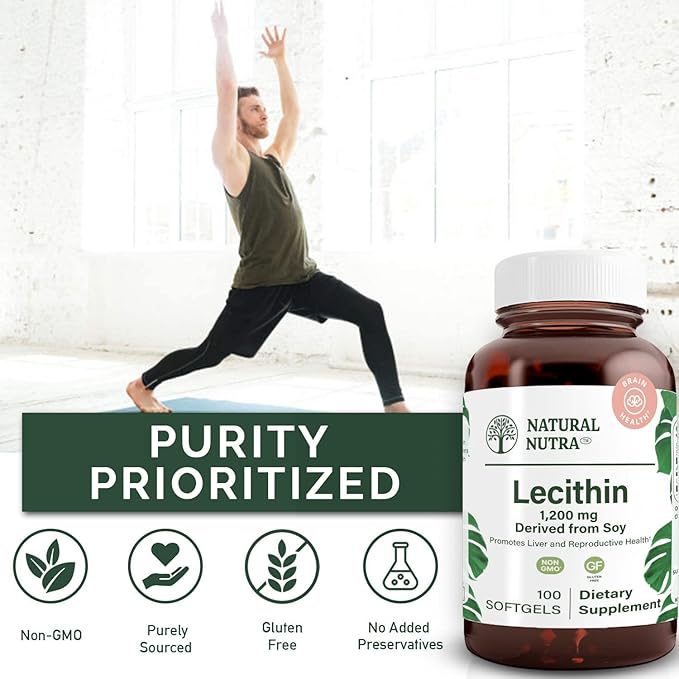 Natural Nutra Soy Lecithin 1200 mg Dietary Supplement - Brain Function, Liver Health, Hepls Breast Health, Memory Boosting Supplement - Gluten-Free, BPA-Free, 100 Softgels in Recyclable Glass Bottles