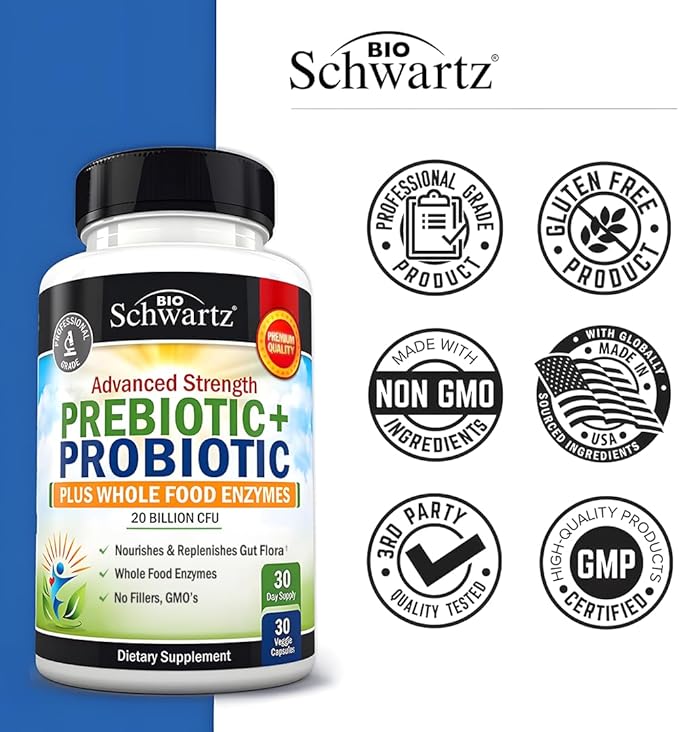 Advanced Prebiotics and Probiotics for Women & Men, Immune, Digestive & Gut Health with L. Reuteri, Inulin Fiber, Digestive Enzymes, Non-GMO, Gluten-Free, Dairy-Free, 30 Capsules