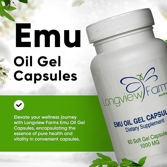 Longview Farms® Emu Oil Gel Capsules | 100% Pure Emu Oil for Skin Health, Mobility, and General Wellness | Natural Omega 3, 6, 9, and Essential Vitamins | 60 Capsules