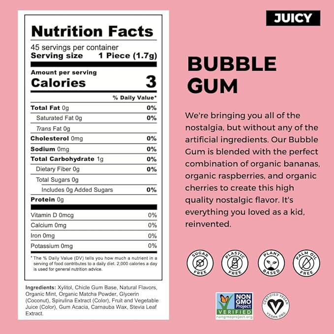 Refresh Gum, Xylitol, Natural, Sugar Free, Plastic Free, Aspartame Free, Natural Flavors & Organic Ingredients, Plant-Based, Low Calorie, Non GMO, Gluten Free, Vegan, Bubble Gum Flavor, 12 Pcs, 5 Pack