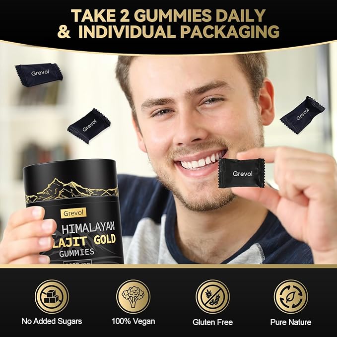 Pure Himalayan Shilajit Gummies: Gold Grade Shilajit Riched with Ashwagandha Fulvic Acid & 85+ Trace Minerals - No Added Sugar - Individually Wrapped - for Men & Women - 60 Gummy
