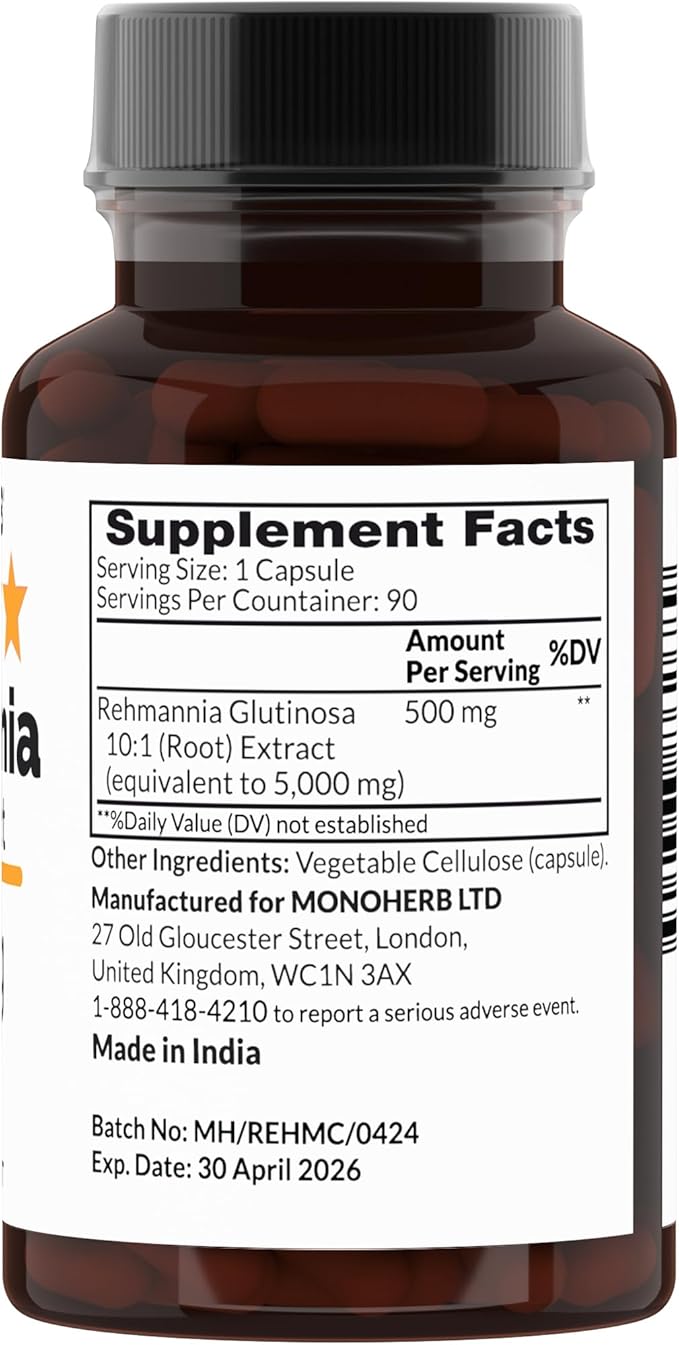 Rehmannia Extract 500 mg - 90 Veg Capsules - Rehmannia Glutinosa - 90 Servings