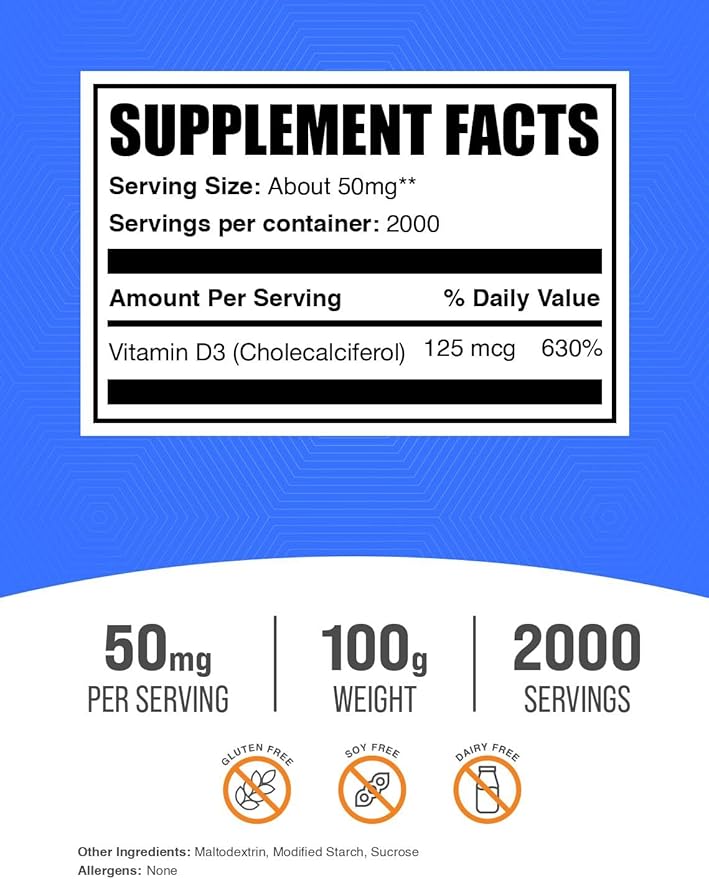 BulkSupplements.com Vitamin D3 Powder - Cholecalciferol, 5000 IU - Gluten Free, 50mg (125mcg of Vitamin D3) per Serving, 100g (3.5 oz) (Pack of 1)