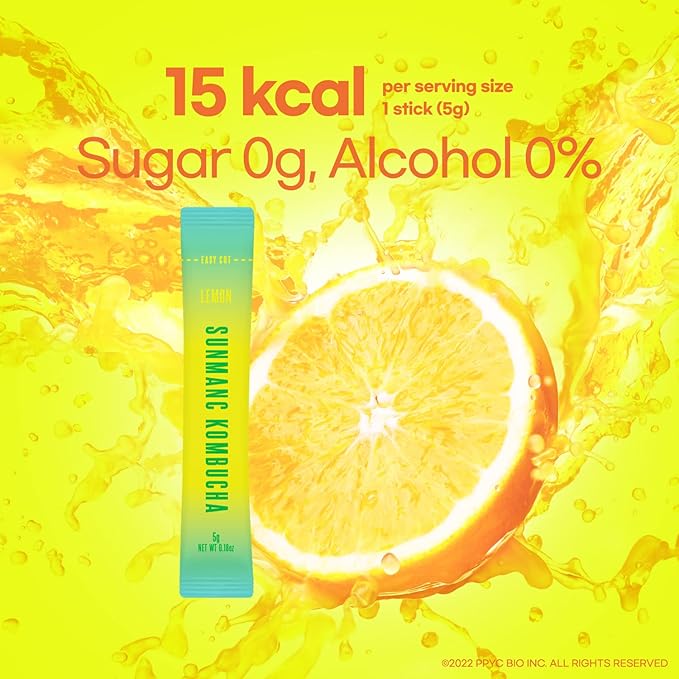 SUNMANC Kombucha 30 packets, Sparkling Probiotic Fermented Drink, Convenient Powdered Drink Mix, Tea Powder, Low Calories, Sugar 0g, Low Caffeine (Lemon)